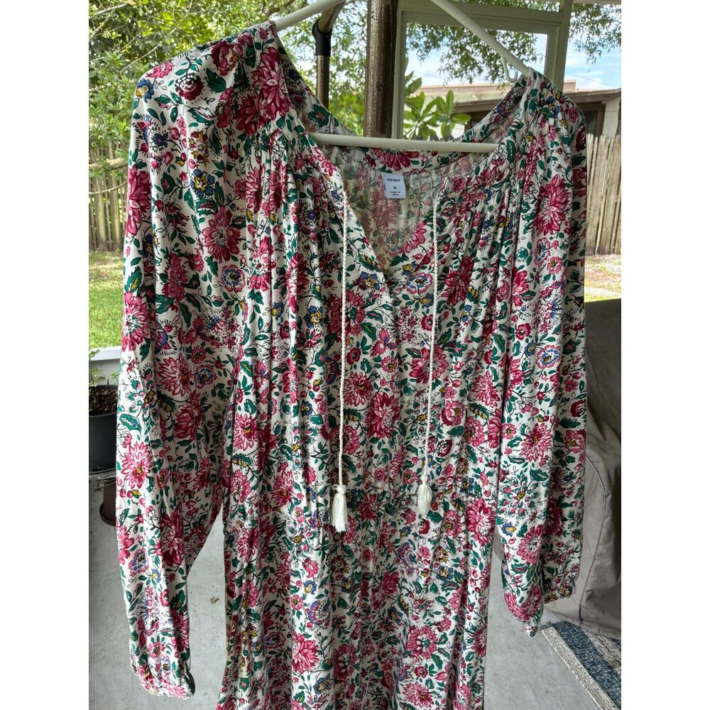 Old Navy XL Pink Floral Midi Split-Neck Tassel Boho Cottage Garden Party